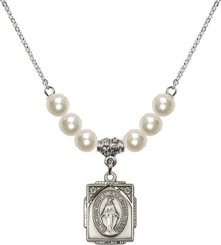 18" Rhodium Plated Necklace with 6mm Faux-Pearl Beads featuring a Sterling Silver Miraculous Medal. Engraved Catholic Saint Jewelry