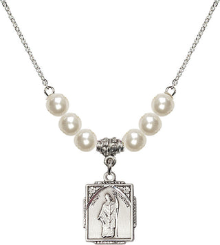 18" Rhodium Plated Necklace with 6mm Faux-Pearl Beads featuring a Sterling Silver Saint Patrick Medal. Engraved Catholic Saint Jewelry