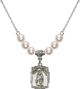 18" Rhodium Plated Necklace with 6mm Faux-Pearl Beads featuring a Sterling Silver Saint Peregrine Medal. Engraved Catholic Saint Jewelry
