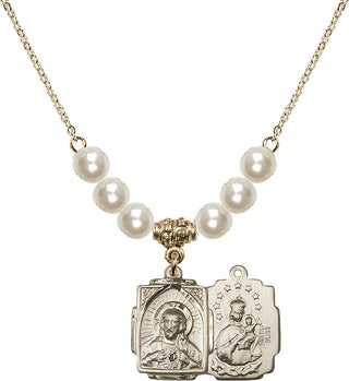 18" Hamilton Gold Plated Necklace with 6mm Faux-Pearl Beads featuring a 14kt Gold Filled Scapular Medal.