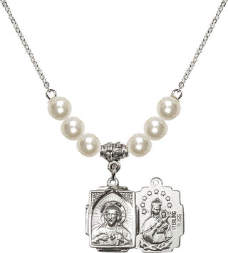 18" Rhodium Plated Necklace with 6mm Faux-Pearl Beads featuring a Sterling Silver Scapular Medal.