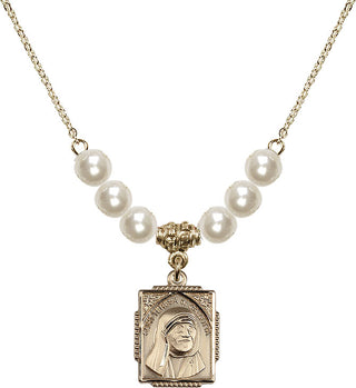 18" Hamilton Gold Plated Necklace with 6mm Faux-Pearl Beads featuring a 14kt Gold Filled Saint Teresa of Calcutta Medal. Engraved Catholic Saint Jewelry
