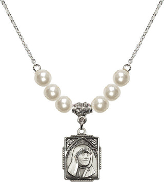 18" Rhodium Plated Necklace with 6mm Faux-Pearl Beads featuring a Sterling Silver Saint Teresa of Calcutta Medal. Engraved Catholic Saint Jewelry