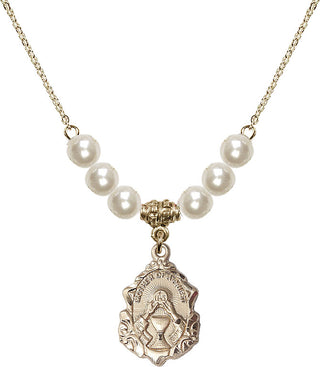 18" Hamilton Gold Plated Necklace with 6mm Faux-Pearl Beads featuring a 14kt Gold Filled Mother of a Priest Medal. Engraved Catholic Saint Jewelry