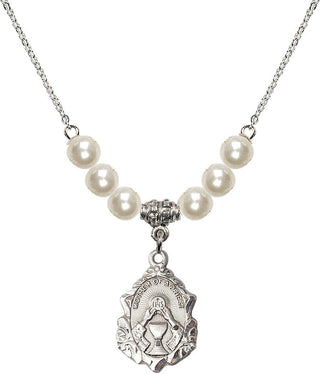18" Rhodium Plated Necklace with 6mm Faux-Pearl Beads featuring a Sterling Silver Mother of a Priest Medal. Engraved Catholic Saint Jewelry