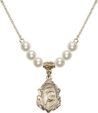 18" Hamilton Gold Plated Necklace with 6mm Faux-Pearl Beads featuring a 14kt Gold Filled Saint Teresa of Calcutta Medal.