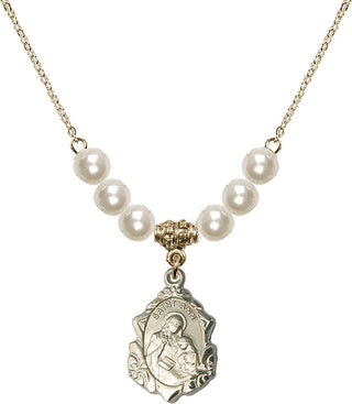 18" Hamilton Gold Plated Necklace with 6mm Faux-Pearl Beads featuring a 14kt Gold Filled Saint Ann Medal. Engraved Catholic Saint Jewelry