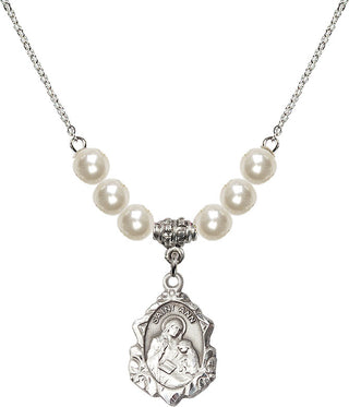 18" Rhodium Plated Necklace with 6mm Faux-Pearl Beads featuring a Sterling Silver Saint Ann Medal. Engraved Catholic Saint Jewelry