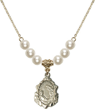 18" Hamilton Gold Plated Necklace with 6mm Faux-Pearl Beads featuring a 14kt Gold Filled Saint Cecilia Medal. Engraved Catholic Saint Jewelry