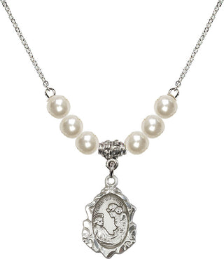 18" Rhodium Plated Necklace with 6mm Faux-Pearl Beads featuring a Sterling Silver Saint Cecilia Medal. Engraved Catholic Saint Jewelry