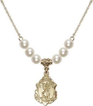 18" Hamilton Gold Plated Necklace with 6mm Faux-Pearl Beads featuring a 14kt Gold Filled Saint Christopher Medal. Engraved Catholic Saint Jewelry