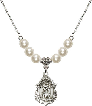 18" Rhodium Plated Necklace with 6mm Faux-Pearl Beads featuring a Sterling Silver Saint Christopher Medal. Engraved Catholic Saint Jewelry