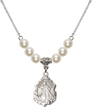18" Rhodium Plated Necklace with 6mm Faux-Pearl Beads featuring a Sterling Silver Divine Mercy Medal. Engraved Catholic Saint Jewelry