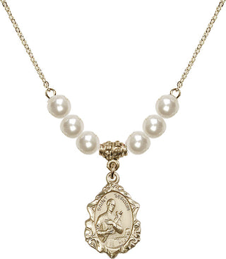 18" Hamilton Gold Plated Necklace with 6mm Faux-Pearl Beads featuring a 14kt Gold Filled Saint Gerard Medal. Engraved Catholic Saint Jewelry