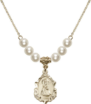 18" Hamilton Gold Plated Necklace with 6mm Faux-Pearl Beads featuring a 14kt Gold Filled Infant of Prague Medal. Engraved Catholic Saint Jewelry