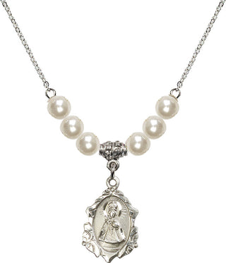18" Rhodium Plated Necklace with 6mm Faux-Pearl Beads featuring a Sterling Silver Infant of Prague Medal. Engraved Catholic Saint Jewelry