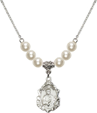 18" Rhodium Plated Necklace with 6mm Faux-Pearl Beads featuring a Sterling Silver Saint Jude Medal. Engraved Catholic Saint Jewelry
