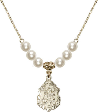 18" Hamilton Gold Plated Necklace with 6mm Faux-Pearl Beads featuring a 14kt Gold Filled Saint Joseph Medal. Engraved Catholic Saint Jewelry