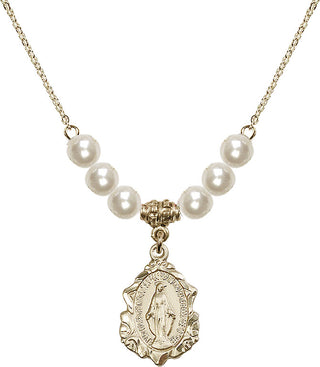 18" Hamilton Gold Plated Necklace with 6mm Faux-Pearl Beads featuring a 14kt Gold Filled Miraculous Medal. Engraved Catholic Saint Jewelry