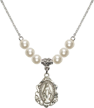 18" Rhodium Plated Necklace with 6mm Faux-Pearl Beads featuring a Sterling Silver Miraculous Medal. Engraved Catholic Saint Jewelry
