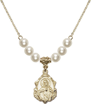 18" Hamilton Gold Plated Necklace with 6mm Faux-Pearl Beads featuring a 14kt Gold Filled Scapular Medal.