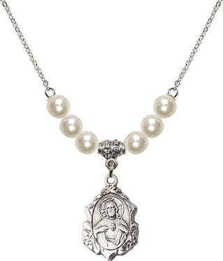 18" Rhodium Plated Necklace with 6mm Faux-Pearl Beads featuring a Sterling Silver Scapular Medal.
