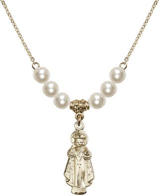 18" Hamilton Gold Plated Necklace with 6mm Faux-Pearl Beads featuring a 14kt Gold Filled Infant of Prague Medal.