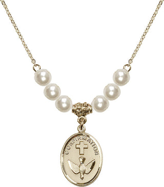 18" Hamilton Gold Plated Necklace with 6mm Faux-Pearl Beads featuring a 14kt Gold Filled Confirmation Medal.
