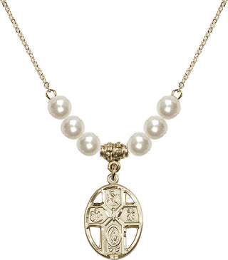 18" Hamilton Gold Plated Necklace with 6mm Faux-Pearl Beads featuring a 14kt Gold Filled 5-Way / Holy Spirit Medal.