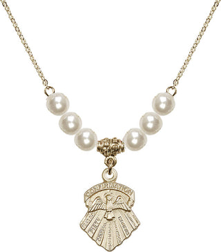 18" Hamilton Gold Plated Necklace with 6mm Faux-Pearl Beads featuring a 14kt Gold Filled Seven Gifts Medal.