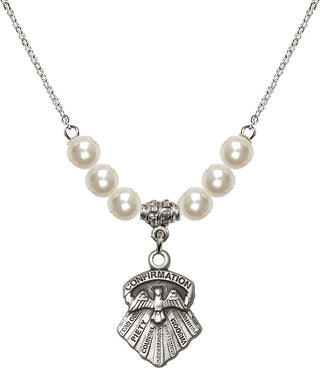 18" Rhodium Plated Necklace with 6mm Faux-Pearl Beads featuring a Sterling Silver Seven Gifts Medal.