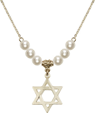 18" Hamilton Gold Plated Necklace with 6mm Faux-Pearl Beads featuring a 14kt Gold Filled Star of David Medal.