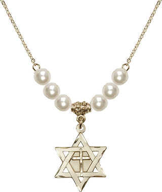 18" Hamilton Gold Plated Necklace with 6mm Faux-Pearl Beads featuring a 14kt Gold Filled Star of David with Cross Medal.