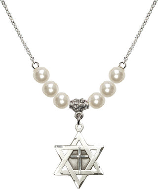 18" Rhodium Plated Necklace with 6mm Faux-Pearl Beads featuring a Sterling Silver Star of David with Cross Medal.