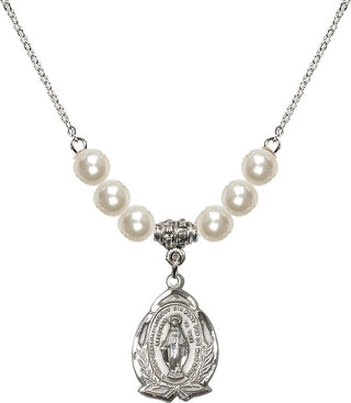 18" Rhodium Plated Necklace with 6mm Faux-Pearl Beads featuring a Sterling Silver Miraculous Medal.