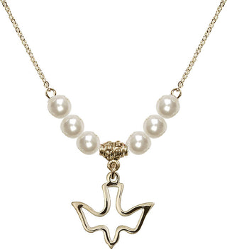 18" Hamilton Gold Plated Necklace with 6mm Faux-Pearl Beads featuring a 14kt Gold Filled Holy Spirit Medal.