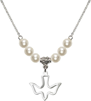 18" Rhodium Plated Necklace with 6mm Faux-Pearl Beads featuring a Sterling Silver Holy Spirit Medal.