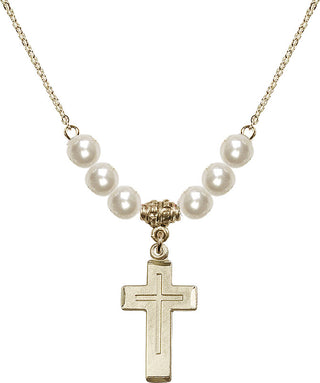 18" Hamilton Gold Plated Necklace with 6mm Faux-Pearl Beads featuring a 14kt Gold Filled Cross Medal.