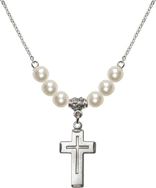 18" Rhodium Plated Necklace with 6mm Faux-Pearl Beads featuring a Sterling Silver Cross Medal.