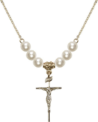 18" Hamilton Gold Plated Necklace with 6mm Faux-Pearl Beads featuring a 14kt Gold Filled Crucifix Medal.