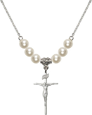 18" Rhodium Plated Necklace with 6mm Faux-Pearl Beads featuring a Sterling Silver Crucifix Medal.