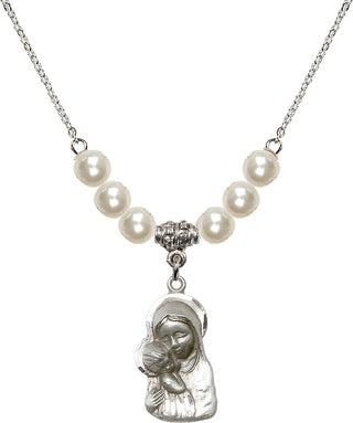 18" Rhodium Plated Necklace with 6mm Faux-Pearl Beads featuring a Sterling Silver Madonna & Child Medal.