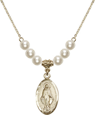 18" Hamilton Gold Plated Necklace with 6mm Faux-Pearl Beads featuring a 14kt Gold Filled Miraculous Medal.