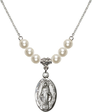 18" Rhodium Plated Necklace with 6mm Faux-Pearl Beads featuring a Sterling Silver Miraculous Medal.