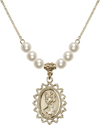 18" Hamilton Gold Plated Necklace with 6mm Faux-Pearl Beads featuring a 14kt Gold Filled Saint Christopher Medal.