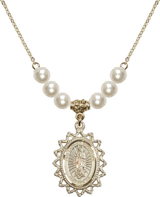 18" Hamilton Gold Plated Necklace with 6mm Faux-Pearl Beads featuring a 14kt Gold Filled Our Lady of Guadalupe Medal.