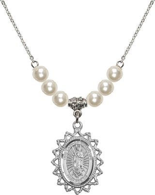 18" Rhodium Plated Necklace with 6mm Faux-Pearl Beads featuring a Sterling Silver Our Lady of Guadalupe Medal.