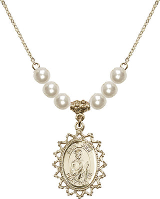 18" Hamilton Gold Plated Necklace with 6mm Faux-Pearl Beads featuring a 14kt Gold Filled Saint Jude Medal.