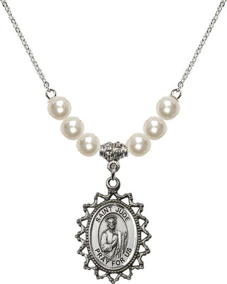 18" Rhodium Plated Necklace with 6mm Faux-Pearl Beads featuring a Sterling Silver Saint Jude Medal.
