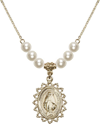 18" Hamilton Gold Plated Necklace with 6mm Faux-Pearl Beads featuring a 14kt Gold Filled Miraculous Medal.